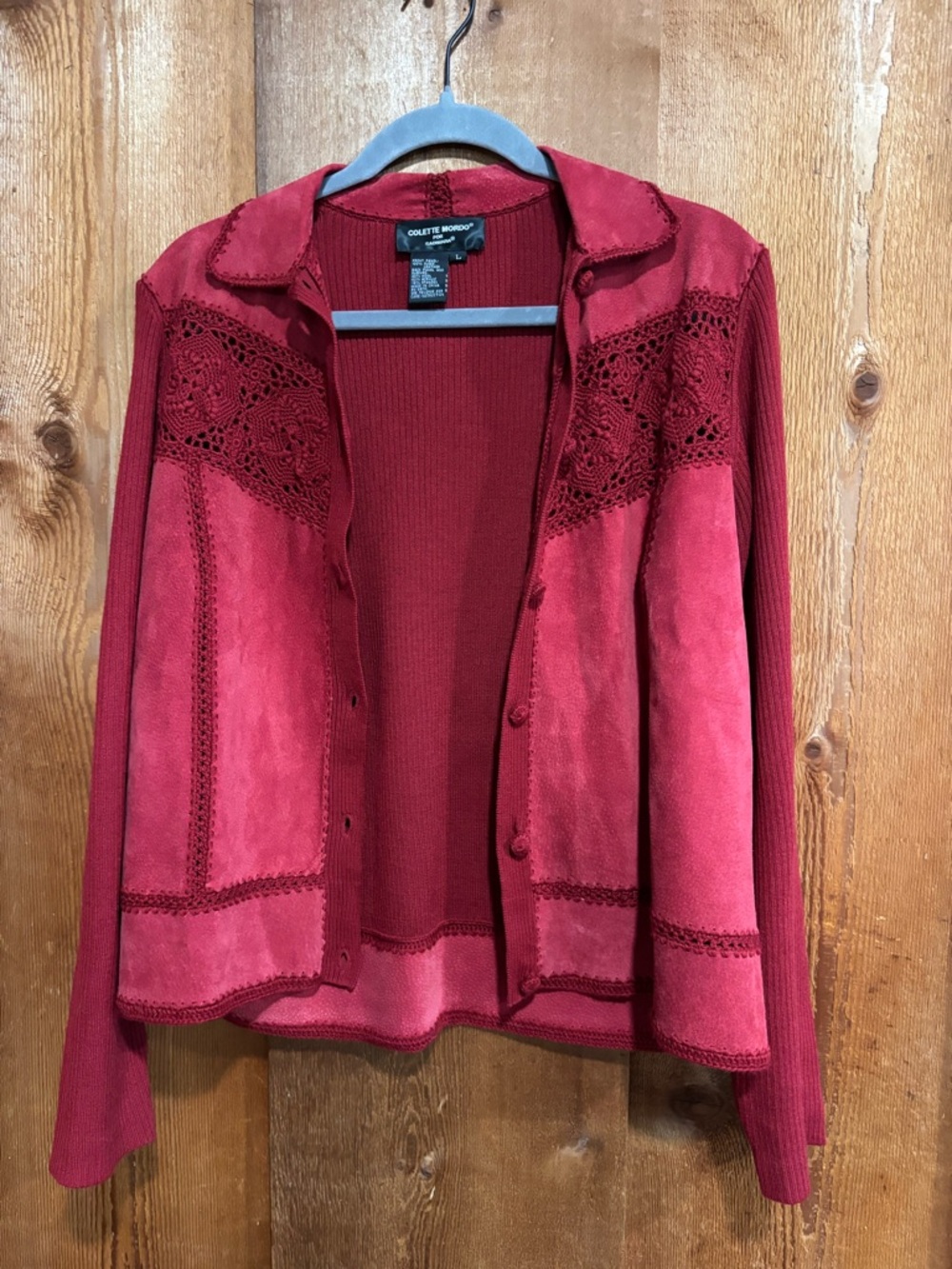 Colette Mordo Red Suede Wool Blend 2 Piece Set Crochet Jacket Tank Top Large